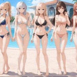 May include: Five individuals standing in a row by a swimming pool, each wearing a different bikini. The bikinis are navy blue with white trim, white, black, light peach, and a green tropical leaf print, all featuring classic two-piece designs.