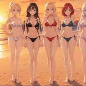 May include: Five anime-style figures standing on a sandy beach at sunset. They wear two-piece swimsuits in various colours: white with patterns, solid black, solid red, solid dark blue, and solid light purple. The ocean and palm trees are visible.