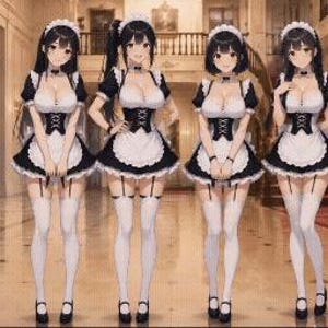 Może przedstawiać: Cztery postacie w stylu anime ubrane w czarno-białe stroje pokojówek z koronkowymi fartuchami, białymi pończochami do ud, czarnymi podwiązkami i czarnymi butami. Każda postać ma białą koronkową opaskę na głowę oraz czarny choker z białym akcentem.