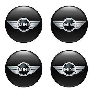 Set of 4 pcs Mini Cooper Wheel Centre Hub Caps Domed epoxy emblem Self Adhesive Stickers for car interior, Laptops and Phones Handmade