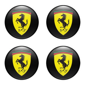 Set x 4 pcs Ferrari Wheel Centre Hub Caps Domed epoxy emblem Self Adhesive Stickers for car interior, Laptops and Phones Handmade