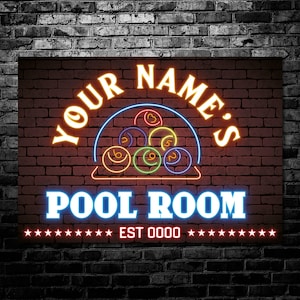 May include: Neon sign with the text "YOUR NAME'S POOL ROOM" in blue and white with a red star border. The sign also features a yellow arch with a neon image of billiard balls in the centre. The text "EST 0000" is in red below the arch.