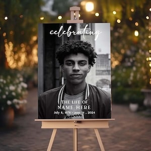 May include: Black and white photograph of a young man on a black easel with the text "celebrating the life of NAME HERE July 8, 1978 - June 14, 2024"