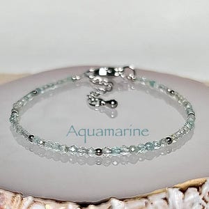 Dainty Aquamarine Bracelet • Gold or Platinum Plated • 2mm Natural Gemstone • Minimalist • March Birthstone Gift