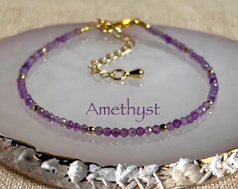 Dainty Amethyst Bracelet, Minimalist Purple Gemstone, February Birthstone