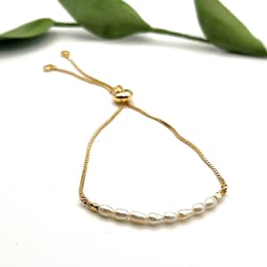 Dainty Pearl Bracelet: Adjustable Bolo, June Birthstone, Gold or Silver Tone