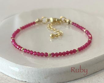 Dainty Ruby Bracelet, Gold or Platinum Plated, Minimalist Red Gemstone, July Birthstone
