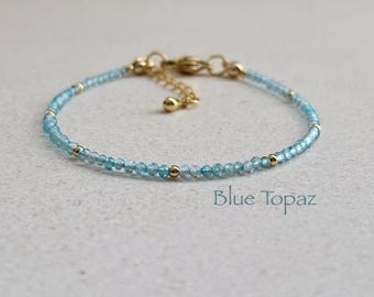 Dainty Blue Topaz Bracelet • 2mm Natural Gemstones • December Birthstone • Bracelet Stack