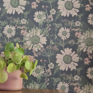 10m roll Wild Daisies Wallpaper by Charlotte Hupfield – Dark Green