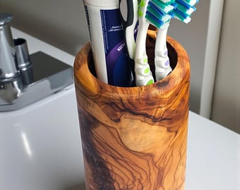 Handmade Olive Wood Bathroom Holder – Toothbrush Cup – Natural Wooden Bathroom Organizer