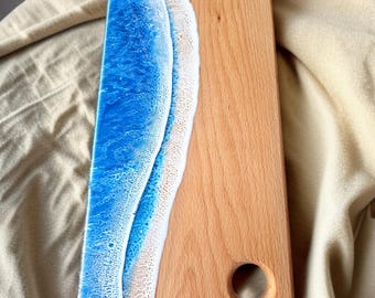 Handmade Beech Wood Serving Board with Epoxy Ocean Wave Effect, Personalized Gift, Resin Art Cutting Board