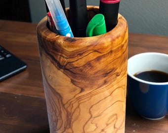 Handmade Olive Wood Pen Holder – Natural Desk Organizer – Unique Wooden Pencil Cup