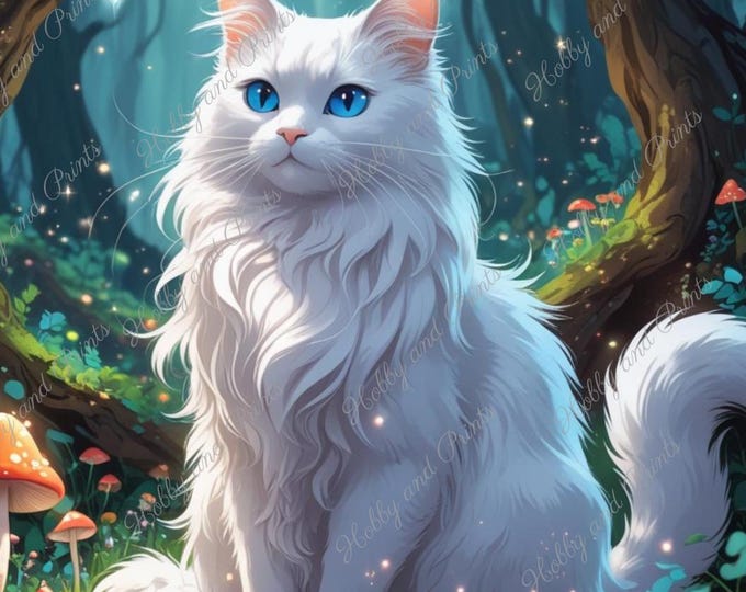 weiße Katze Maine Coon im Wald