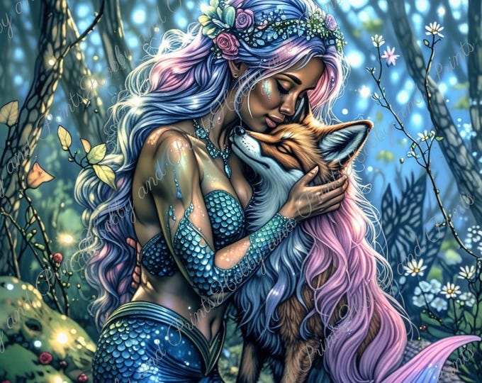 DIY Diamond Painting Full Screen Mermaid Violet Fox Water Nymph Magic Night Fantasy Enchanted Forest Square Round Special Stones Mystery