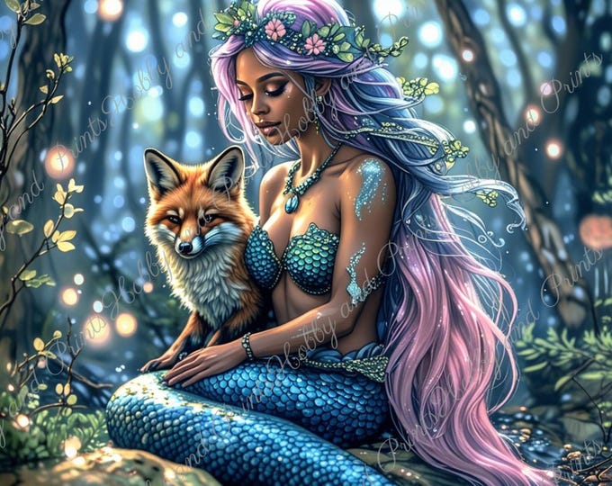 DIY Diamond Painting Full Screen Mermaid Violet Fox Water Nymph Magic Night Fantasy Enchanted Forest Square Round Special Stones Mystery