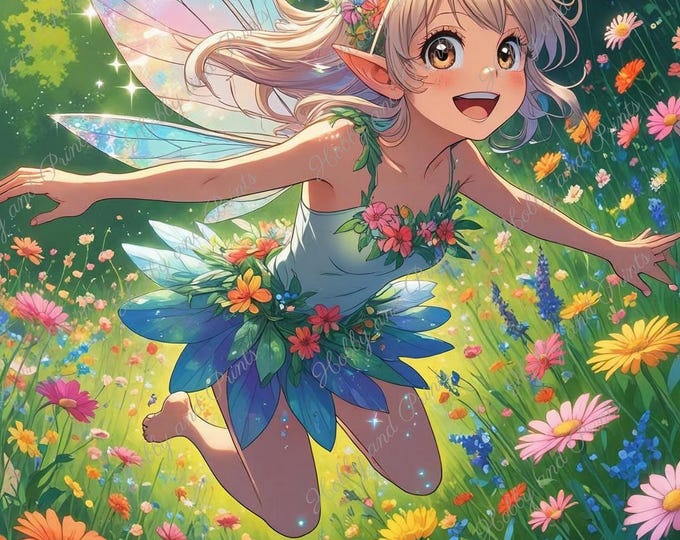 fröhliche Elfe im Blumenfeld