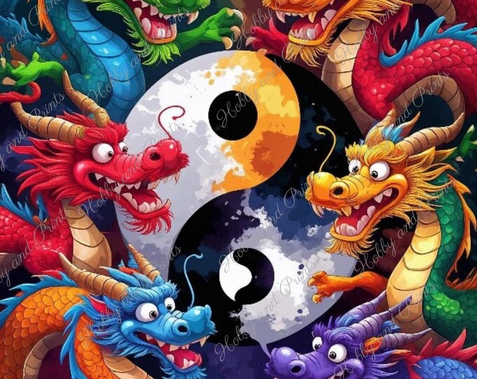 6 bunte Drachen um Yin Yang