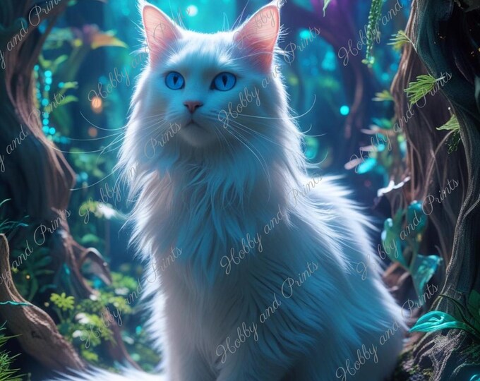 Weiße Katze bei Nacht im Wald