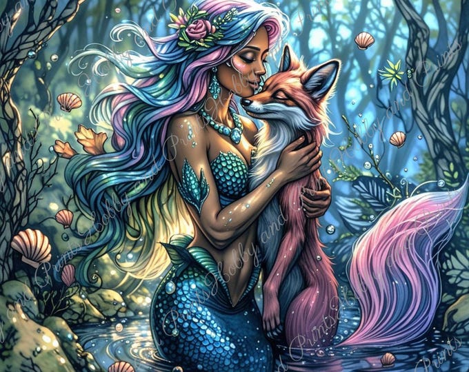 DIY Diamond Painting Full Screen Mermaid Violet Fox Water Nymph Magic Night Fantasy Enchanted Forest Square Round Special Stones Mystery