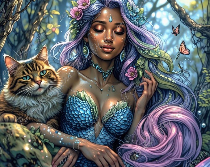 DIY Diamond Painting Full Screen Mermaid Purple Cat Kitty Magic Night Fantasy Enchanted Forest Square Round Special Stones Mystery