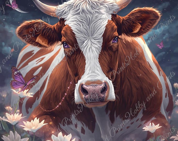 DIY Diamond Painting Full Screen Cow Cattle Magic Night Moon Flower Meadow Butterflies Purple Eyes Dreamland Round Square Special Stones