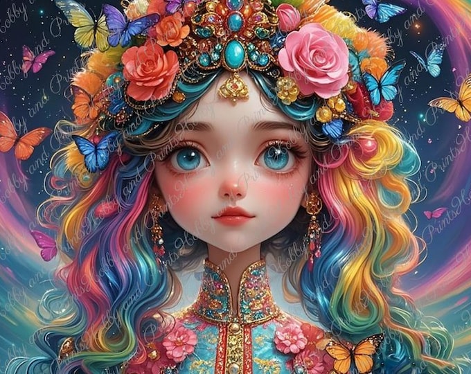 Regenbogenmädchen mit Blumen und Schmetterlingen