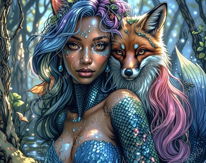 DIY Diamond Painting Full Screen Mermaid Violet Fox Forest Nymph Magic Night Fantasy Enchanted Forest Square Round Special Stones Mystery
