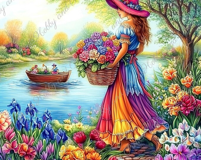 DIY Diamond Painting Full Screen Woman Flowers River Spring Romance Landscape Drawing Special Stones Choice Canvas Round Square