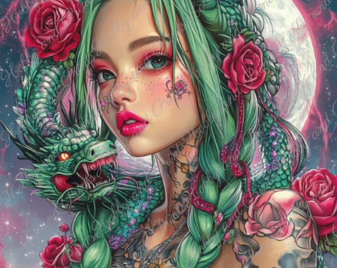 DIY Diamond Painting Full Screen Tattooed Woman Dragon Roses Green Hair Fantasy Mysticism Special Stones Square Round Choice Canvas