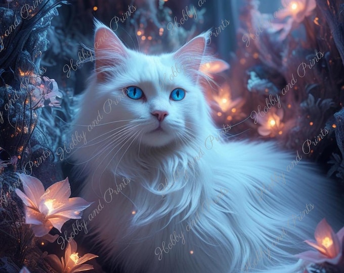 weiße Katze bei Nacht mit leuchtenden Blumen