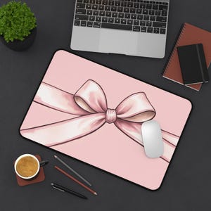 Pink Bow Desk Mat, Cute Girls Office Decor, Girly Essentials, Work From Home Desk Pad, Pretty Pink Mouse Pad