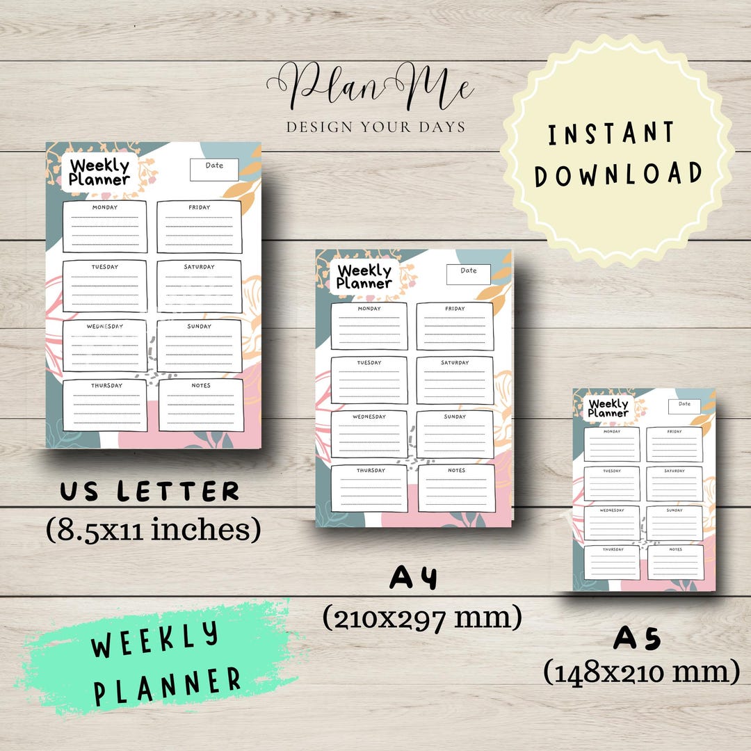 Weekly Planner Printable - Floral Boho Design - Digital Download in A4 ...