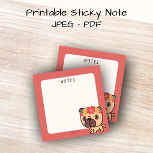 Printable Sticky Notes 4x4” PDF & JPEG – Cute Puppy Pug Post It Notes – A4 Sheet + Single File – Instant Download