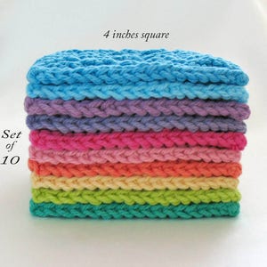 Large Face Scrubbies 4 inch Square Cotton Facial Pads, Knit Washcloths, Set of 10 Bright Colors image 1