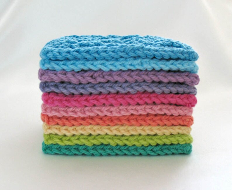 Large Face Scrubbies 4 inch Square Cotton Facial Pads, Knit Washcloths, Set of 10 Bright Colors image 3