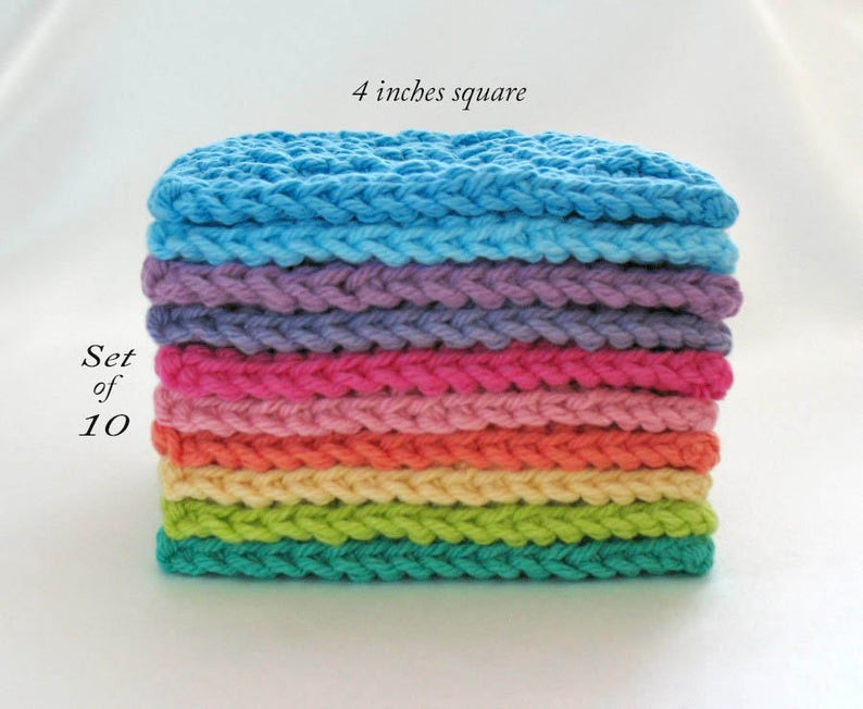 Large Face Scrubbies 4 inch Square Cotton Facial Pads, Knit Washcloths, Set of 10 Bright Colors image 1