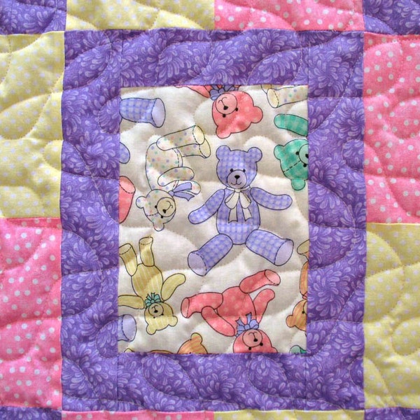 Baby Quilt for Girl, Handmade Baby Quilt, Quilted Patchwork Baby Quilt, Pink and Purple Bears Baby Blanket, Baby Bedding, Toddler Bedding