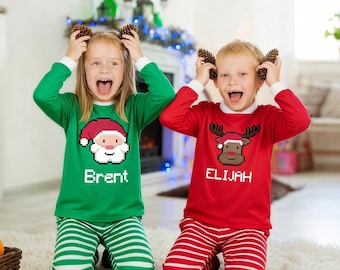 Custom Family Matching Pajamas,Monogram Pajamas,Pixel Christmas Pajamas Set,Christmas Pajamas for Kids,Sibling Christmas,Family Xmas Outfit