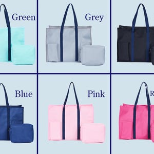 May include: A collection of tote bags and matching pouches in various colors, including green, grey, black, blue, pink, and rose red. Each tote features a contrasting handle and pocket design, with the color name displayed above each set.