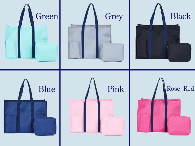 May include: A collection of tote bags and matching pouches in various colors, including green, grey, black, blue, pink, and rose red. Each tote features a contrasting handle and pocket design, with the color name displayed above each set.