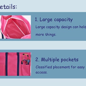 May include: A pink tote bag with navy blue accents. The bag has a large capacity and multiple pockets for easy access. The image also includes the text "Details:" and "Large capacity" and "Multiple pockets."