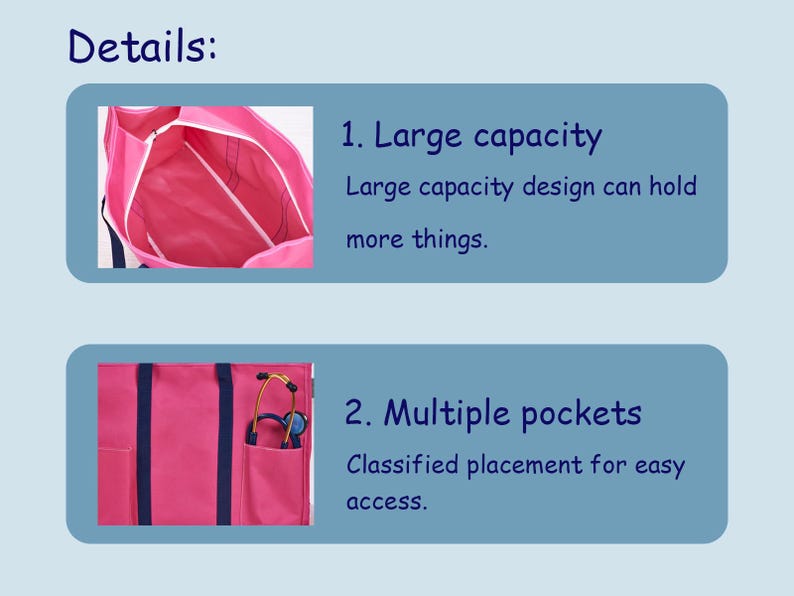 May include: A pink tote bag with navy blue accents. The bag has a large capacity and multiple pockets for easy access. The image also includes the text "Details:" and "Large capacity" and "Multiple pockets."
