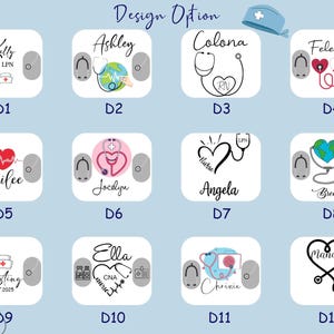 May include: A collection of personalized nurse-themed designs, each featuring a name, stethoscope, and medical symbols. Designs include hearts, stethoscopes, and world globes, with the text "Design Option" at the top.