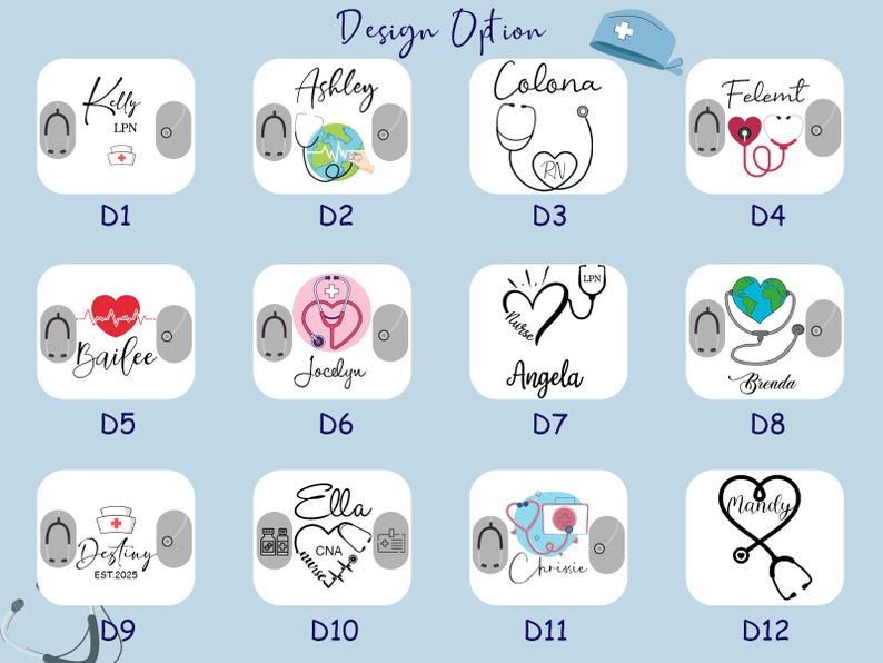 May include: A collection of personalized nurse-themed designs, each featuring a name, stethoscope, and medical symbols. Designs include hearts, stethoscopes, and world globes, with the text "Design Option" at the top.