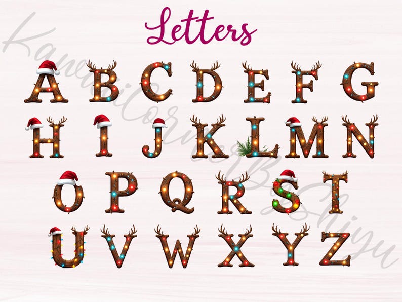 Peut inclure: Un alphabet complet de lettres d&eacute;coratives, chacune fabriqu&eacute;e en bois et orn&eacute;e de guirlandes lumineuses de No&euml;l. Certaines lettres pr&eacute;sentent des bois de rennes et des bonnets de P&egrave;re No&euml;l, avec le mot "Letters" en &eacute;criture cursive en haut.