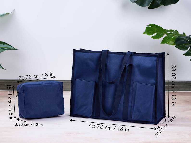 May include: Navy blue tote bag and matching pouch. The tote bag is 18 inches wide, 13 inches tall, and 8 inches deep, with two exterior pockets. The pouch is 6.5 inches tall, 3.3 inches wide, and 8 inches deep. Both have handles.
