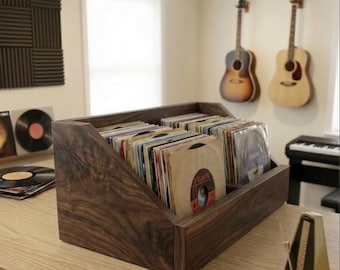 Dark Walnut 45 Schallplattenhalter 16 Zoll | 7-Zoll-Vinyl-Aufbewahrungsbox | Massivholz 45 RPM Organizer | Große Schallplatten Kiste für Singles