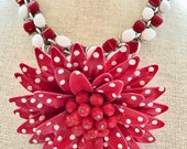 Repurposed Vintage Thermoset Red White Daisy Enamel Brooch Collage Upcycled Altered Statement Wedding Art Deco Necklace Doodaba