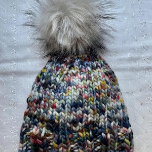 Hand Knit Blue Gray Merino Wool Beanie: Malabrigo Rasta Pompom Hat