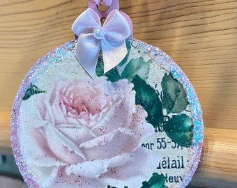 Vintage Pink Rose Victorian Image Decoupaged Ephemera Glitter Wood Ornament Shabby Chic Handmade Doodaba